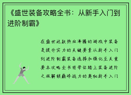 《盛世装备攻略全书：从新手入门到进阶制霸》