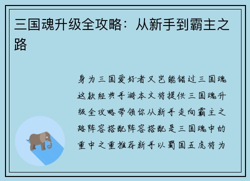 三国魂升级全攻略：从新手到霸主之路
