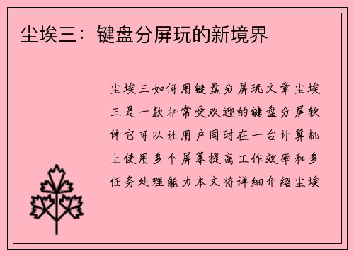 尘埃三：键盘分屏玩的新境界