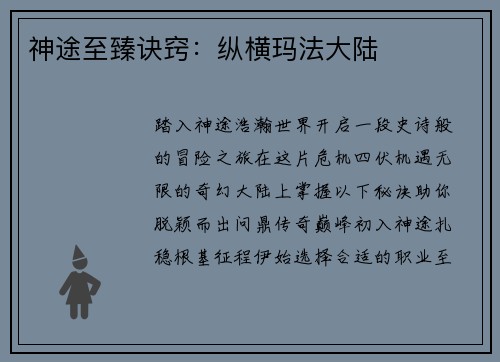 神途至臻诀窍：纵横玛法大陆